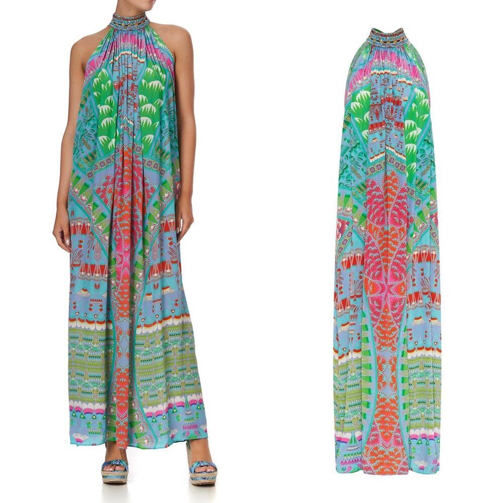Camilla Amulet Womens Silk Multicolor Halter Maxi Dress Boho Resort Beach Summer - Picture 3 of 13